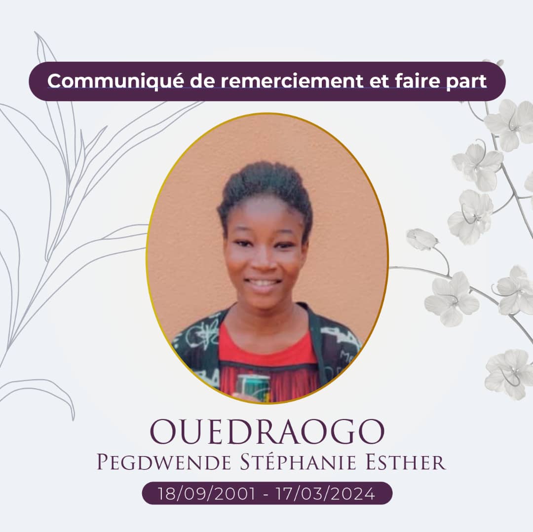 Décès de OUEDRAOGO Pegdwende Stéphanie Esther : Remerciements et faire-part