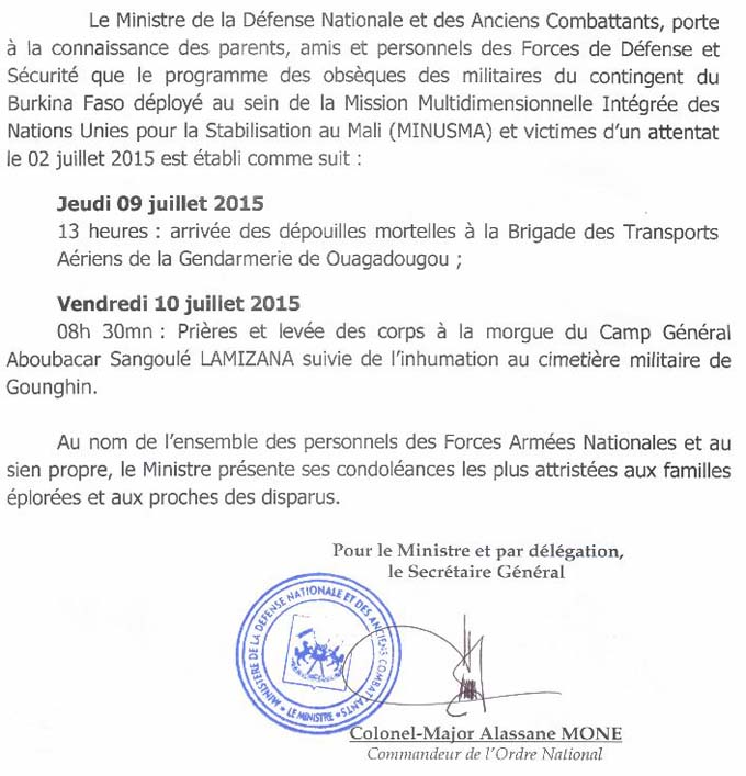 Programme des obsèques des militaires du contingent du Burkina Faso déployé au Mali et victimes d’un attentat le 02 juillet 2015