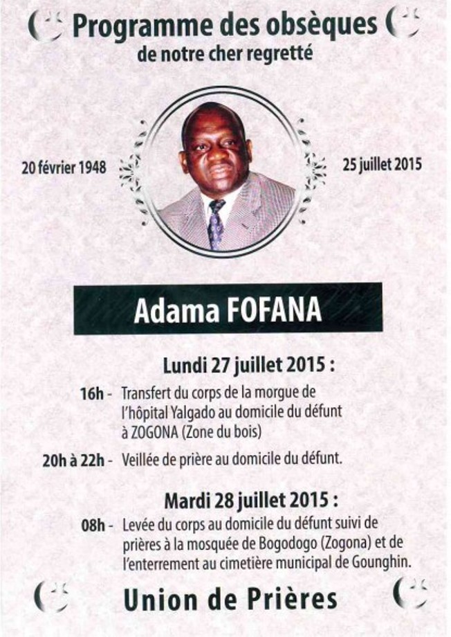 Décès de Adama FOFANA : programme des obsèques