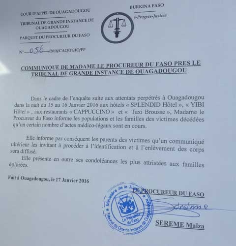 Attentats terroristes à Ouagadougou : Bientôt un appel à identification puis enlèvement du reste des corps 