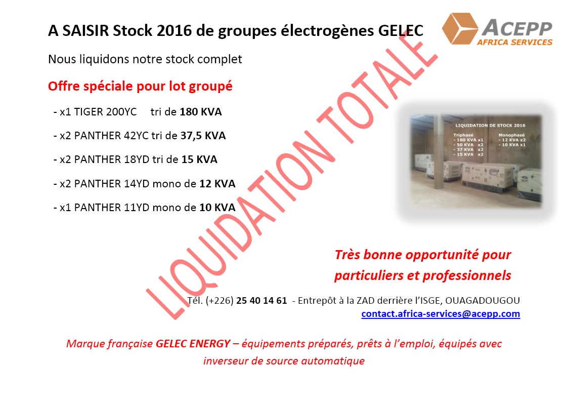 Liquidation totale du stock 2016 de groupes électrogènes GELEC avec inverseurs de source automatique 