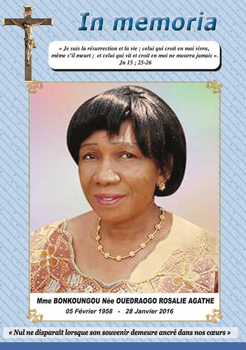 Décès de Madame Bonkoungou née Ouédraogo Rosalie Agathe : Faire part