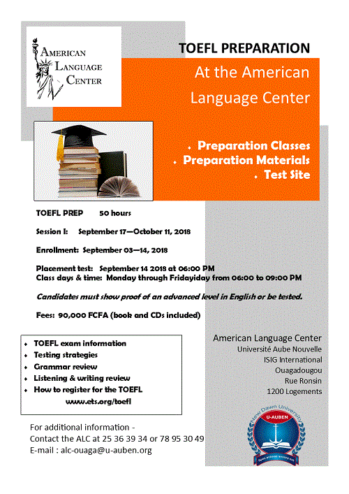 Toefel preparation at the American language center : September 17 – October 11, 2018 