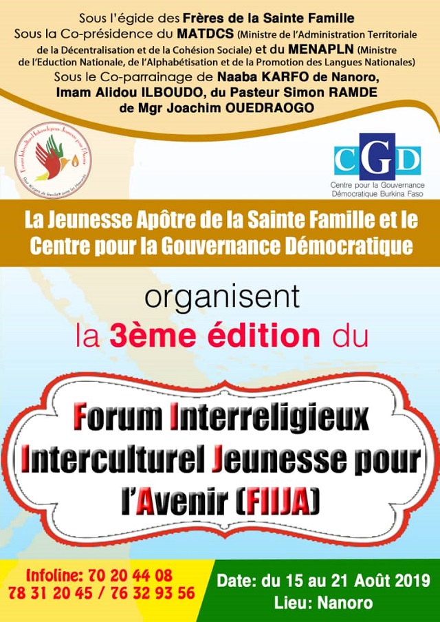 La Jeunesse Apôtre de la Sainte Famille et le Centre pour la gouvernance démocratique organisent la 3e édition du forum interreligieux interculturel Jeunesse pour l’avenir (FIIJA) 