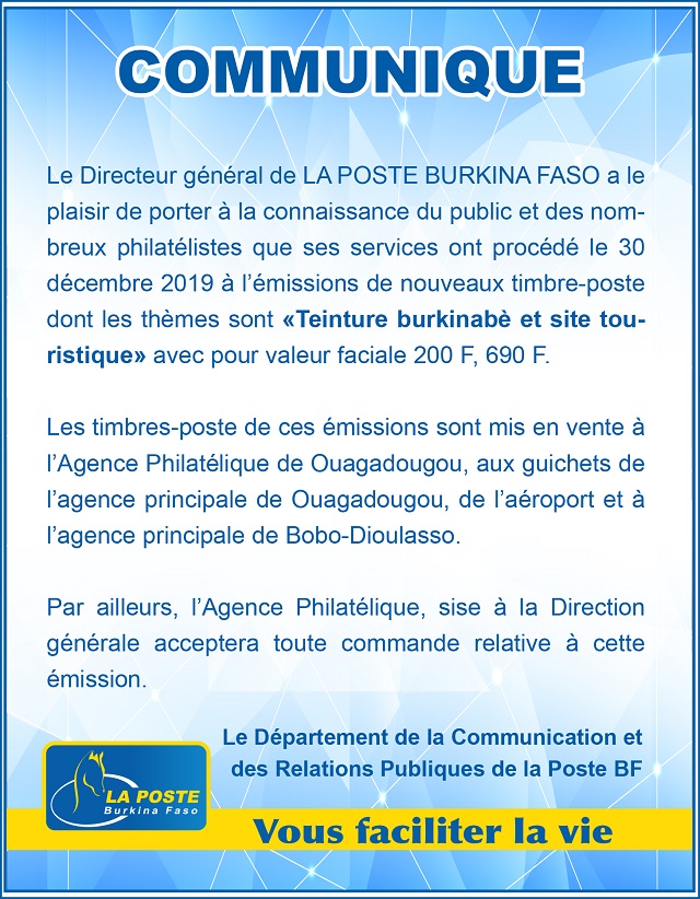 La poste Burkina Faso : De nouveaux timbres-poste dont les thèmes sont « Teinture burkinabè et site touristique »