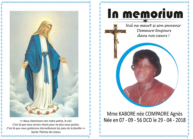 In memoria : Mme KABORE née COMPAORE Agnès