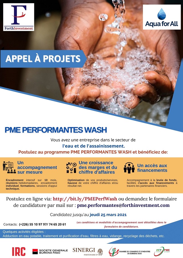 Avis d’appel à candidature pour les Petites et Moyennes Entreprises (PME) dans le domaine du WASH (eau, assainissement et gestion intégrée des ressources en eau)