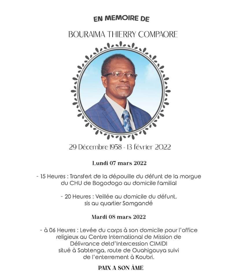 Décès de Bouraima Thierry Compaoré : Programme des obsèques