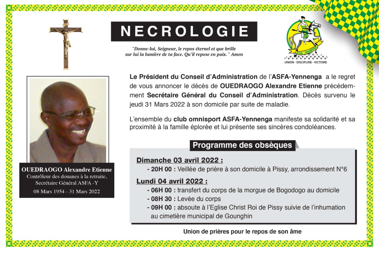 ASFA-Yennenga : Décès de Ouédraogo Alexandre Etienne, précédemment secrétaire général du Conseil d’administration