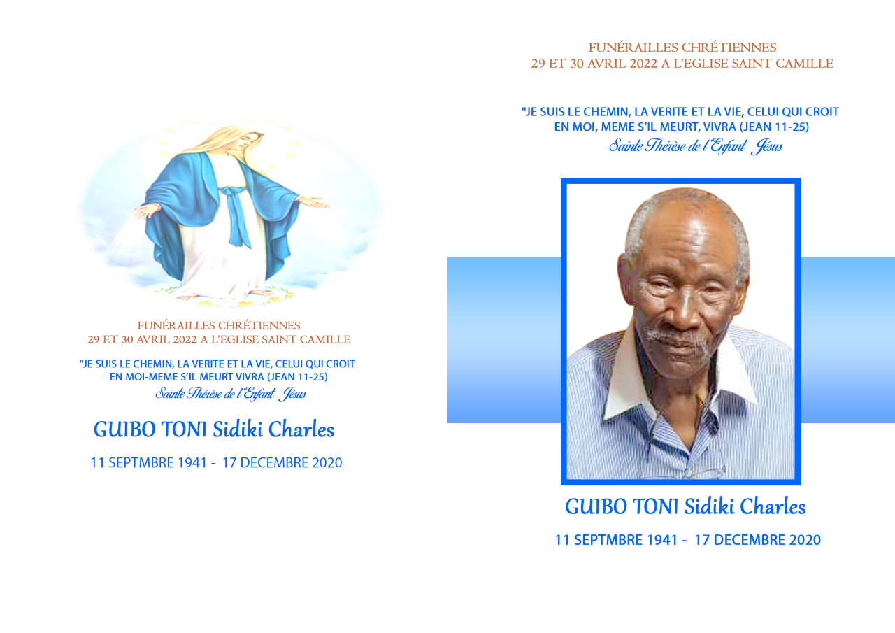 Funérailles chrétiennes  de GUIBO Toni Sidiki Charles : Faire-part