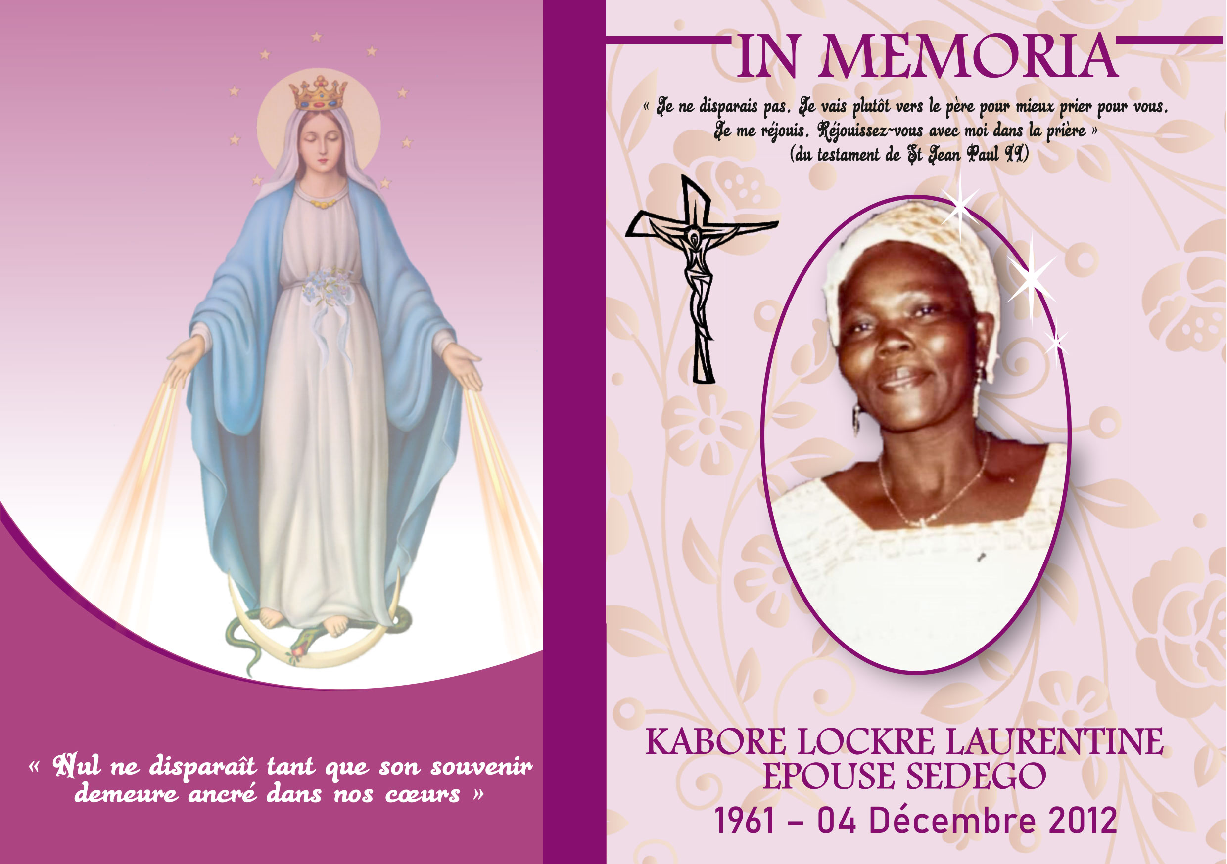 In memoria : Kaboré Lockré Laurentine épouse SEDEGO