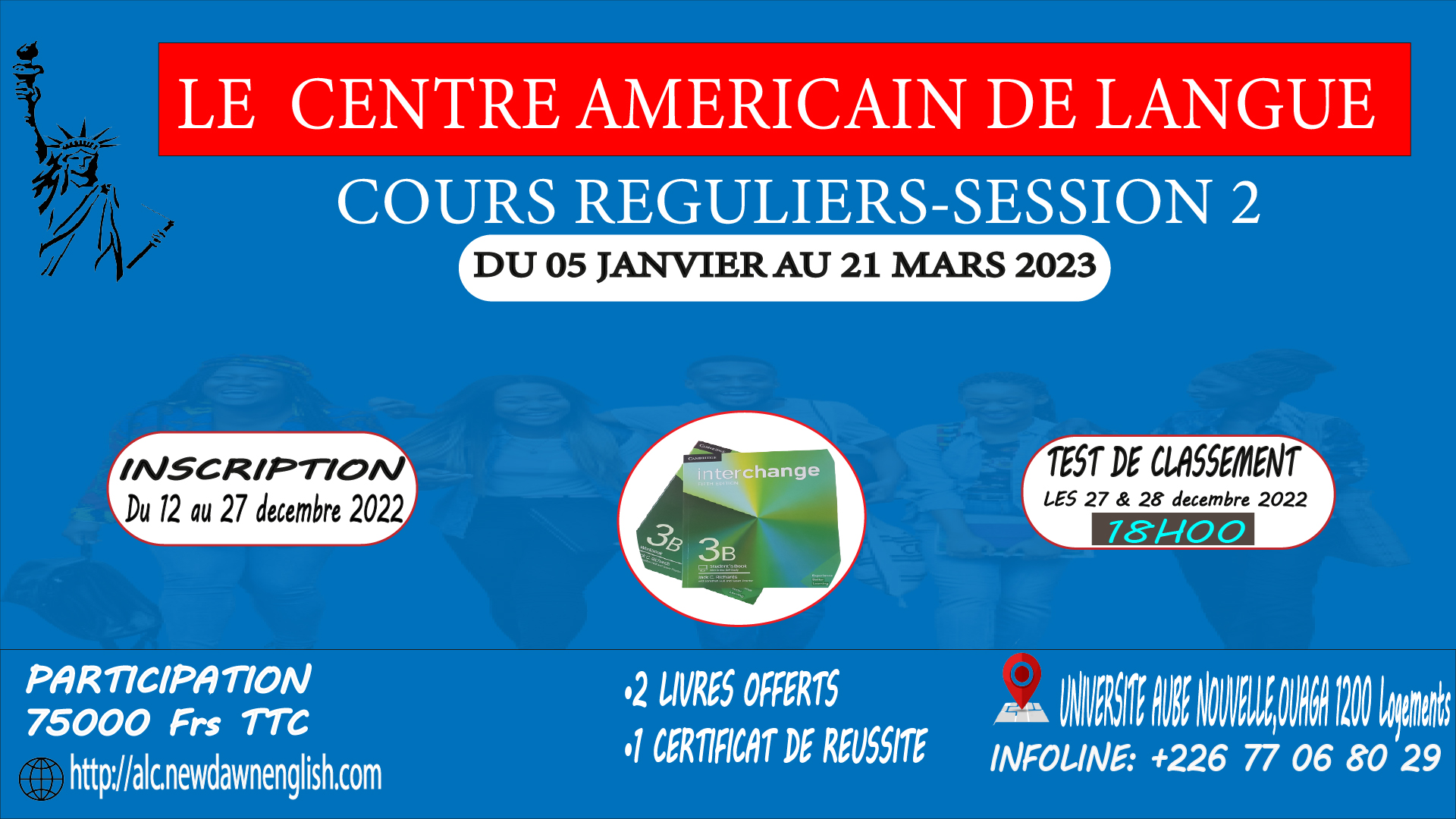 Centre Américain de langue : Cours réguliers sessions II du 05 janvier au 21 mars 2023