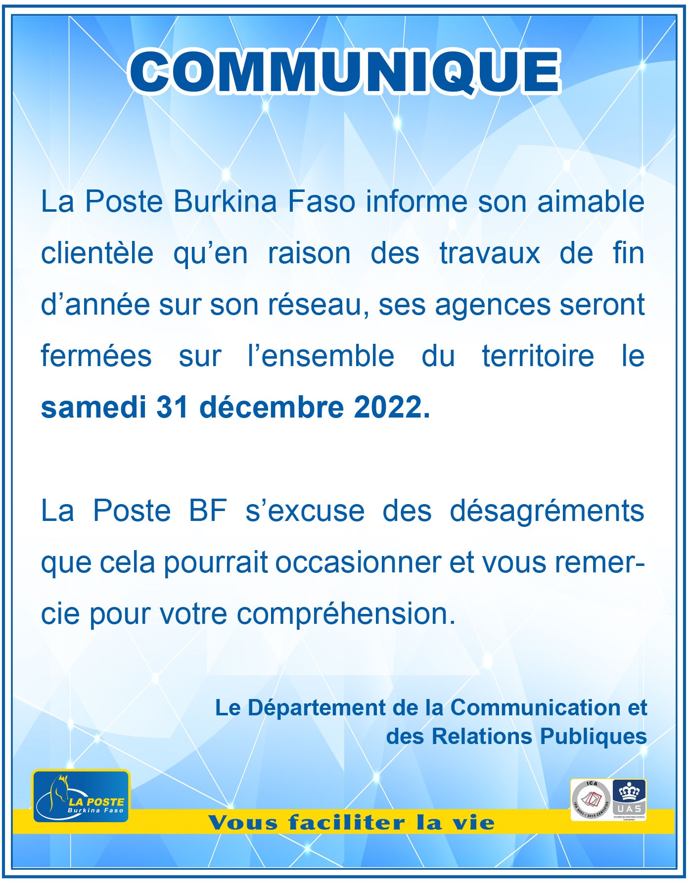 La poste Burkina Faso : Les agences seront fermées sur l’ensemble du territoire le 31 décembres 2022
