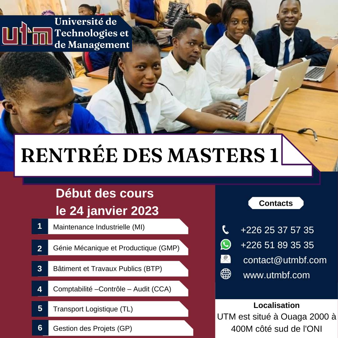 Université de Technologies et de Management (UTM) :  Début des cours en Master 1 le 24 janvier 2023