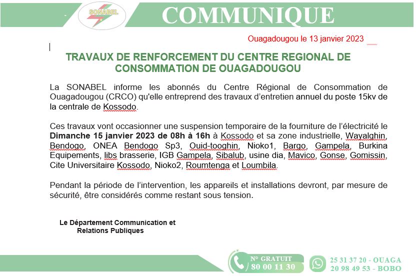 SONABEL : Suspension temporaire de la fourniture de l’électivité le dimanche 15 janvier 2023 Dans certains quartiers de Ouagadougou et environnants 