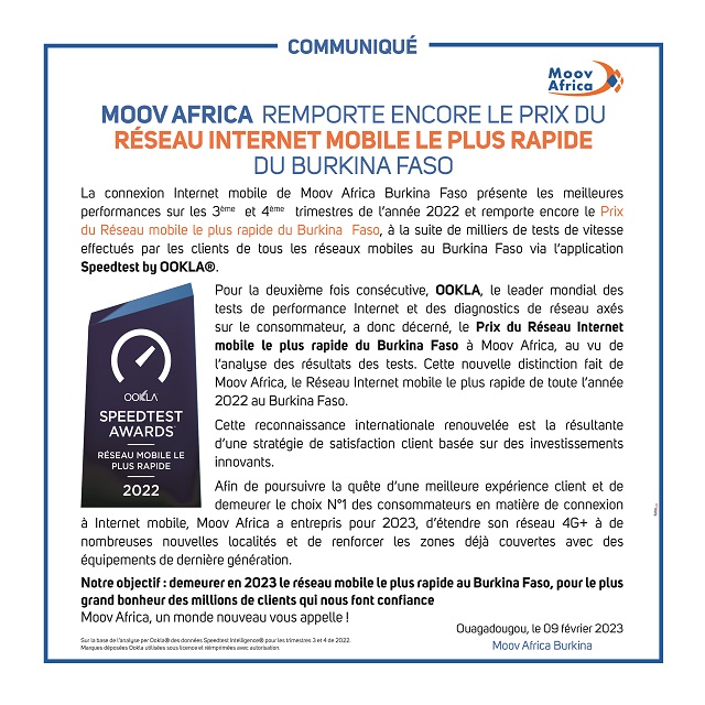 Moov Africa remporte encore le prix du réseau internet mobile le plus rapide au Burkina Faso 
