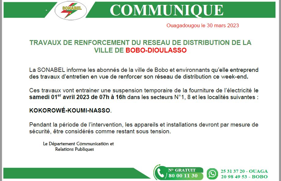 SONABEL : Suspension temporaire de la fourniture de l’électricité à Bobo et environnants le samedi 01 avril 2023 