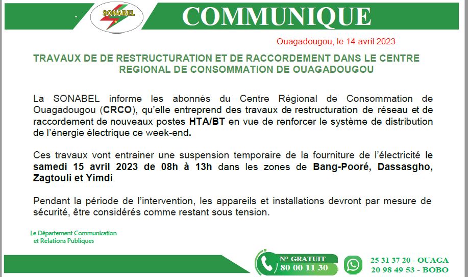 Ouagadougou : Suspension temporaire de la fourniture de l’électricité le 15 avril 2023 dans les zones de Bang-Pooré, Dassasgho, Zagtouli et Yimdi