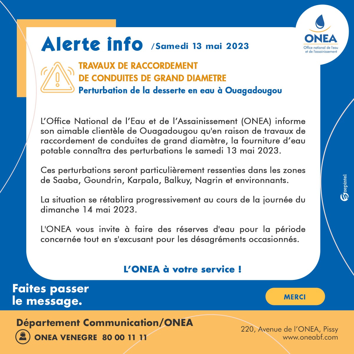 ONEA : Perturbation dans la desserte en eau à Ouagadougou le samedi 13 mai 2023