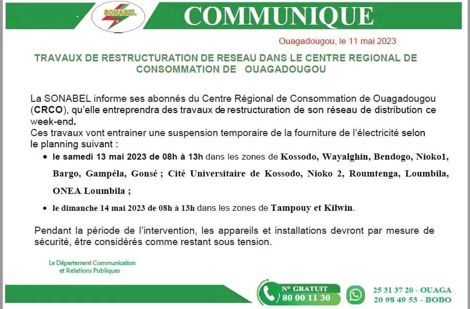 Ouagadougou : Suspension temporaire de la fourniture de l’électricité ce 13 mai 2023 dans certaines zones