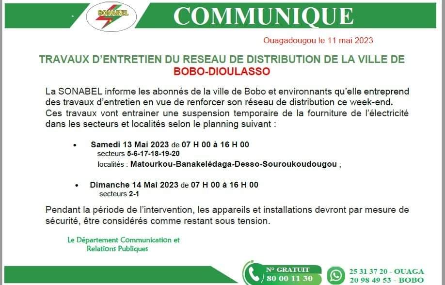 Bobo-Dioulasso : Suspension temporaire de la fourniture de l’électricité ce week-end dans certaines zones