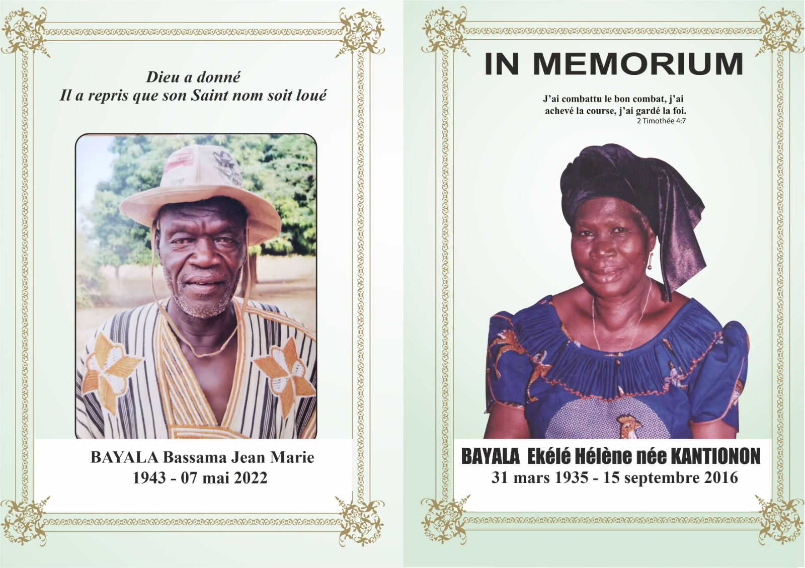Funérailles chrétiennes de BAYALA Bassama Jean Marie et KANTIONON Ekèlè Hélène épouse BAYALA : Remerciements 
