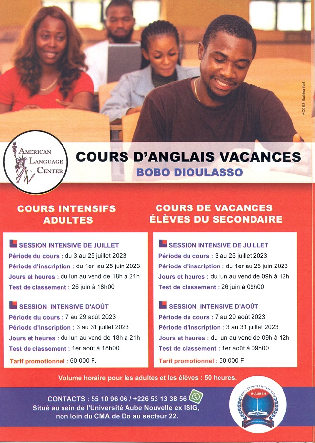 American Language center Bobo-Dioulasso : Cours d’Anglais vacances session d’août 