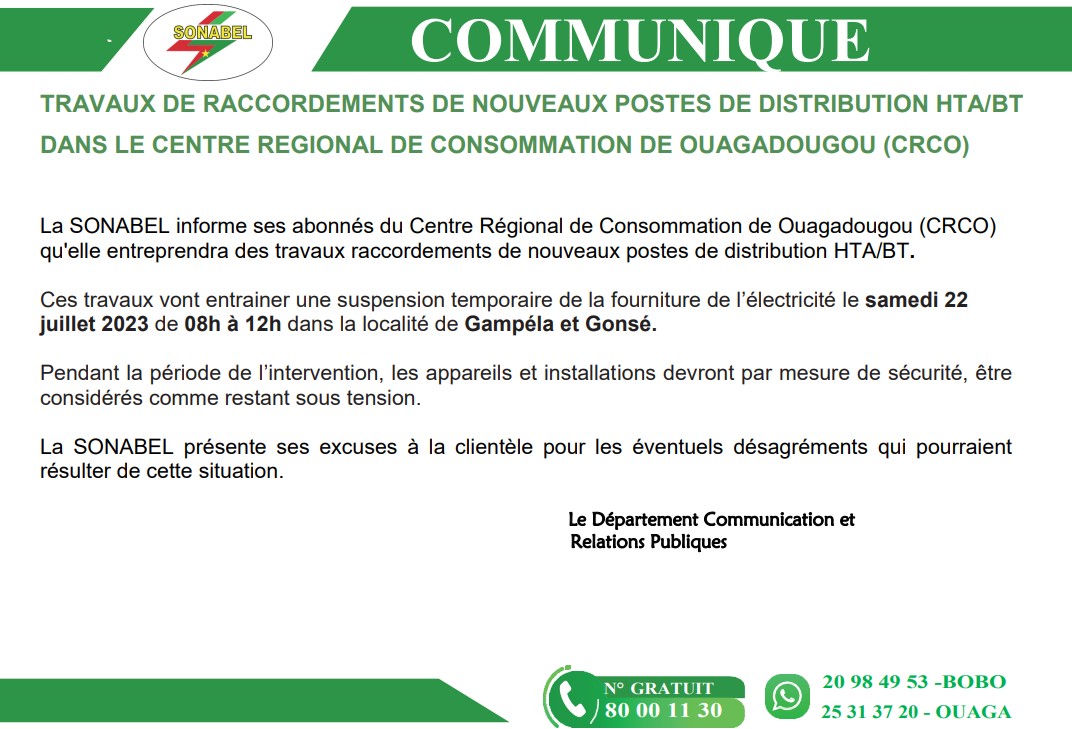 SONABEL : Suspension temporaire de la fourniture de l’électricité ce samedi 22 juillet 2023 dans la localité de Gampéla et Gonsé