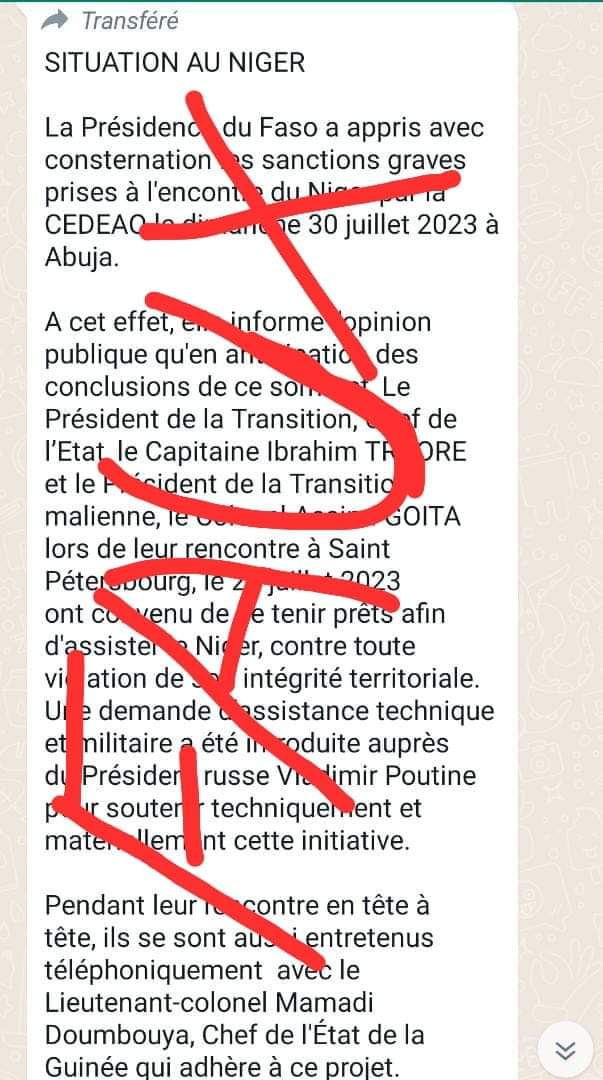 Faux ! Il n’y a pas eu de concertation entre le Burkina Faso, le Mali et la Guinée sur la situation du Niger avec Vladimir Poutine