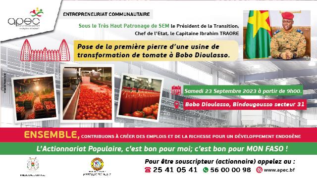 Pose de la première pierre d’une usine de transformation de tomate à Bobo Dioulasso ce 23 septembre 2023 