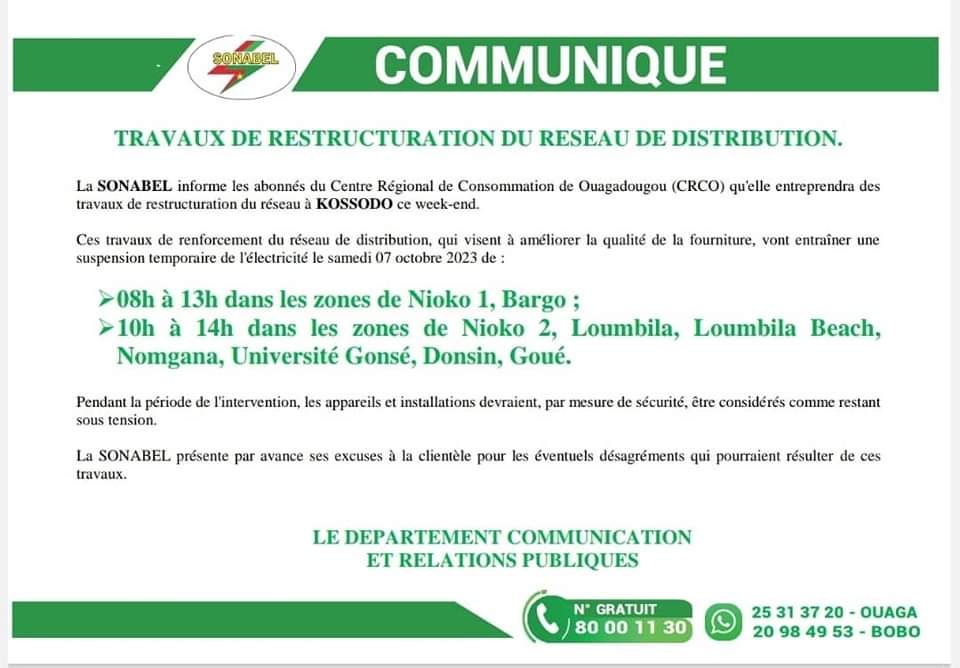 SONABEL : Suspension temporaire de la fourniture de l’électricité le samedi 07 octobre 2023 dans certaine zone de Ouagadougou 