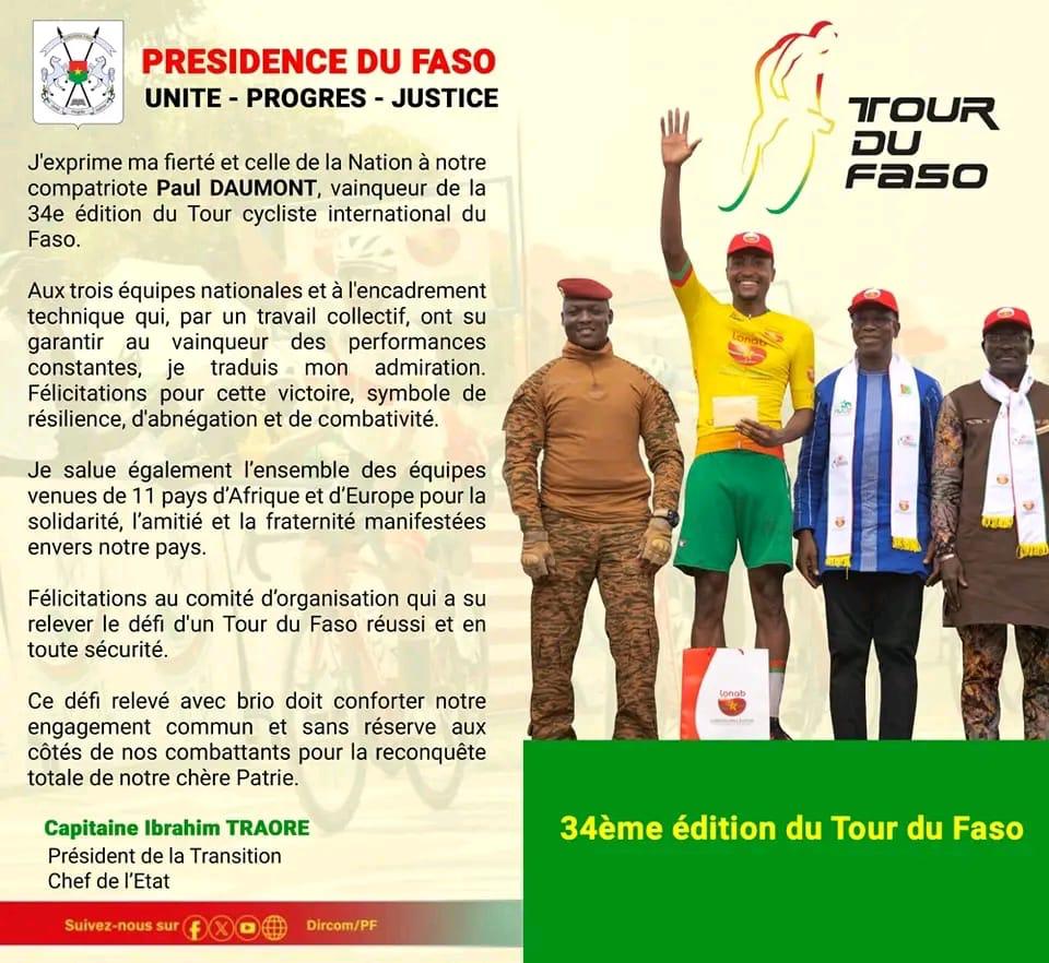 Tour du Faso 2023 : Le  chef de l’État, le capitaine Ibrahim Traoré, exprime sa fierté à Paul Daumont