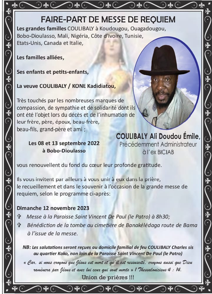 FAIRE-PART DE MESSE DE REQUIEM de COULIBALY Ali Doudou Émile
