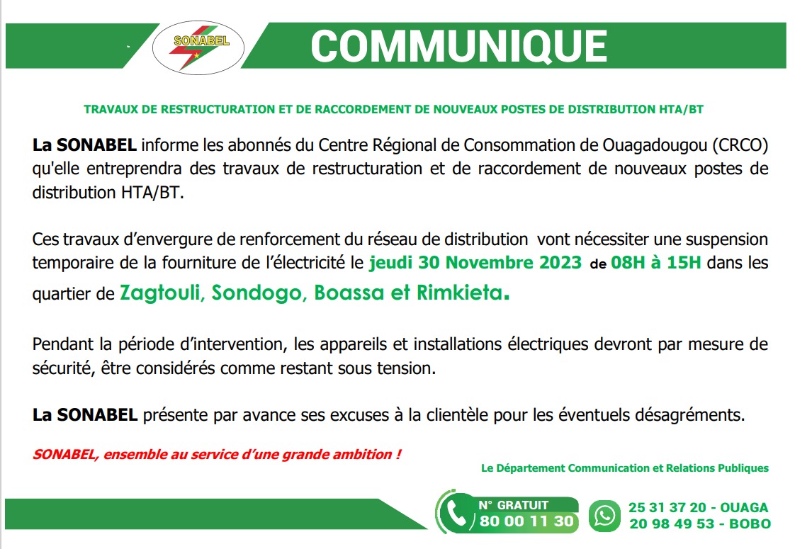 Ouagadougou/SONABEL : Suspension temporaire de la fourniture de l’électricité ce jeudi 30 novembre 2023 dans les quartiers de Zagtouli, Sondogo, Boassa et Rimkieta