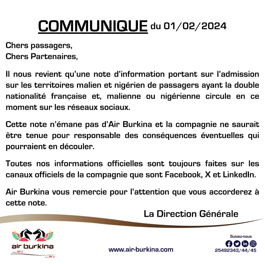 Admission sur les territoires malien et nigérien de passagers ayant la double nationalité française et malienne ou nigérienne : Air Burkina apporte un démenti 