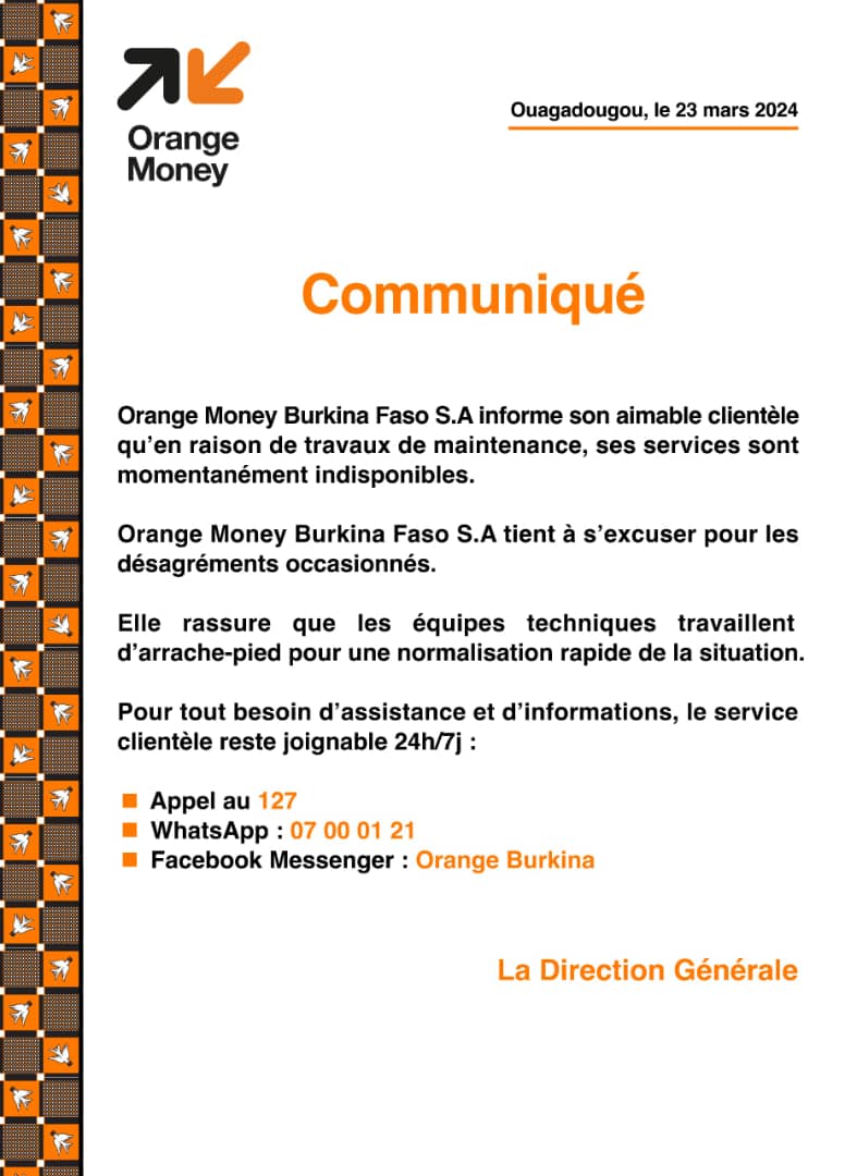 Orange Burkina : En raison de travaux de maintenance les services sont momentanément indisponibles  