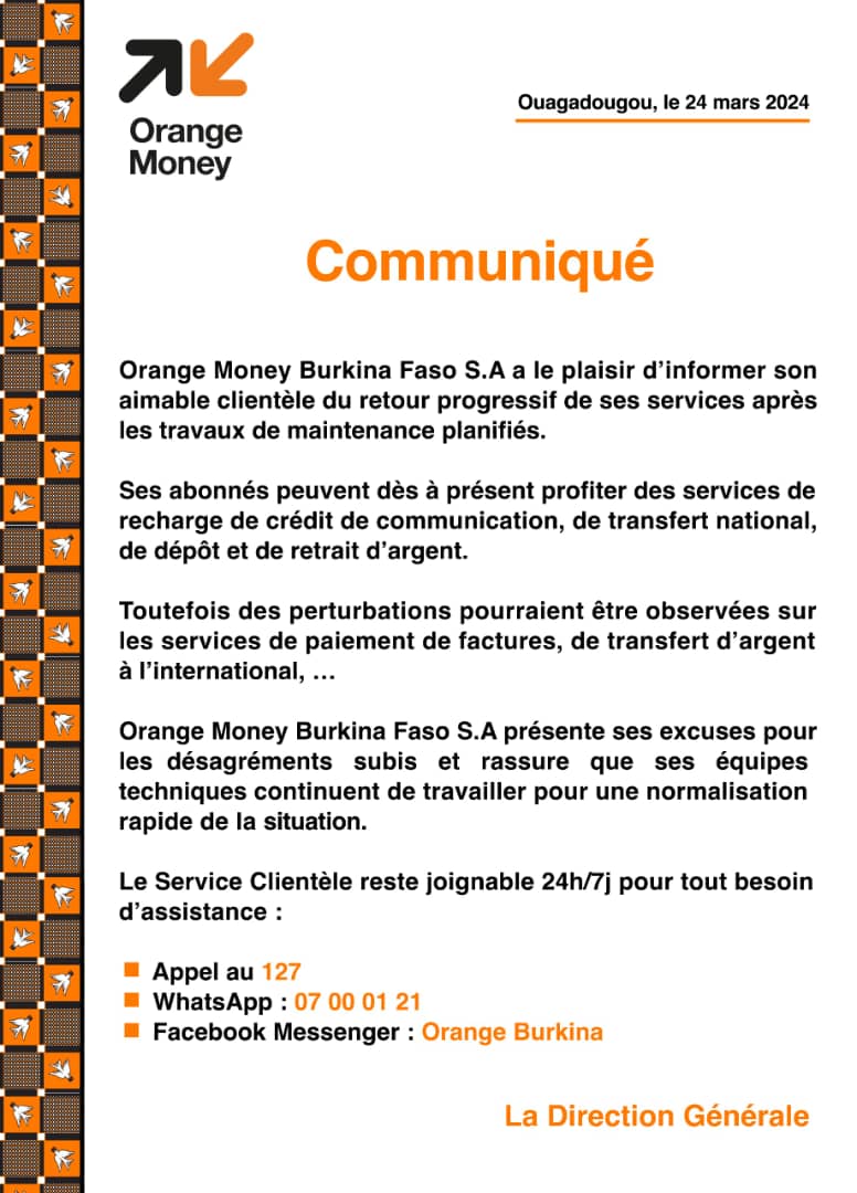 Orange Burkina : Retour progressif de ses services après des travaux de maintenance planifiés 