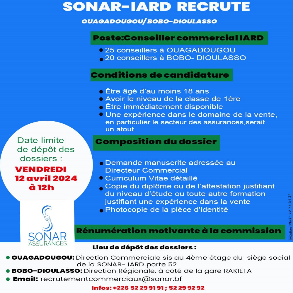 La SONAR-IARD recrute 25 commerciaux à Ouagadougou et 20 commerciaux à Bobo-Dioulasso