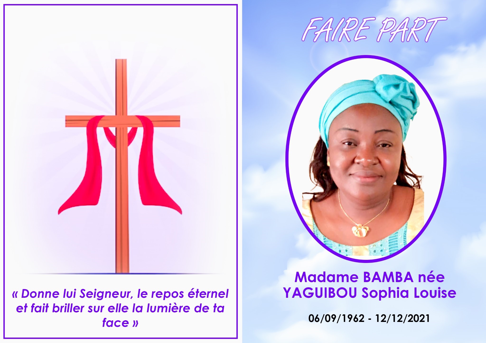 Funérailles chrétiennes de Bamba née Yaguibou Sophia Louise 