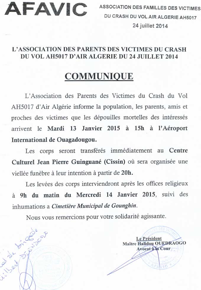 Crash du VOL AH5017 d’air Algérie :  les dépouilles mortelles des intéressées arrivent le mardi 13 janvier 2015 à 15 à l’Aéroport international de Ouagadougou