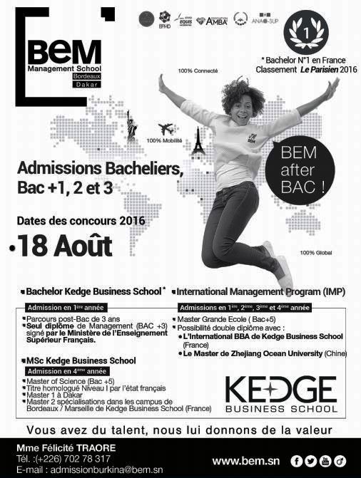 BEM  (Management School) : Admissions bacheliers, BAC+1, 2 et 3