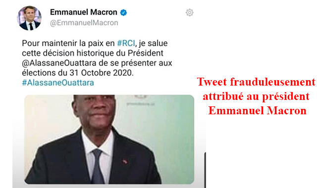 Candidature d’Alassane Ouattara à un 3ème mandat : Pourquoi le tweet « je salue cette décision historique » attribué à Macron est-il faux ?