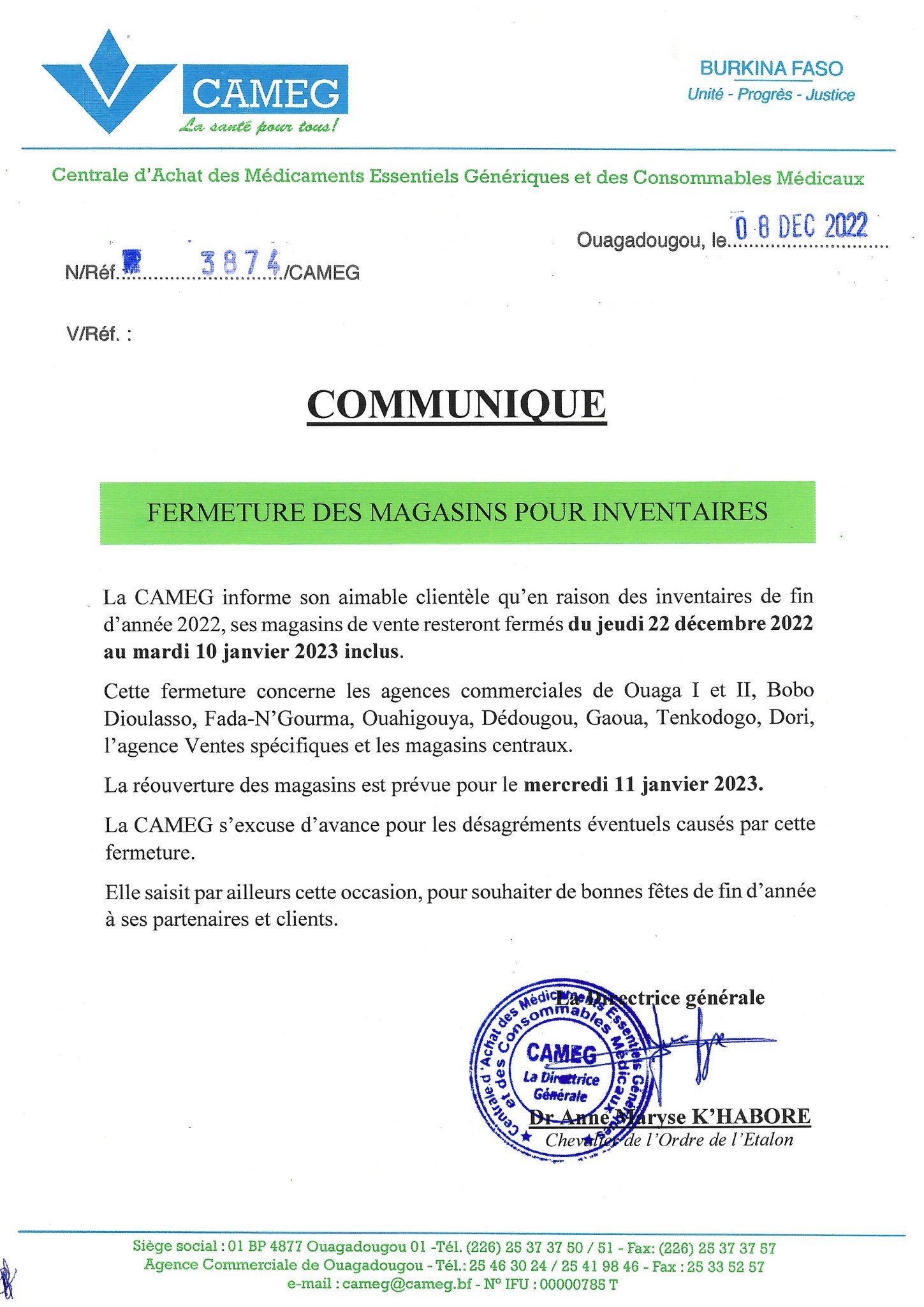 CAMEG Fermeture des magasins pour inventaires