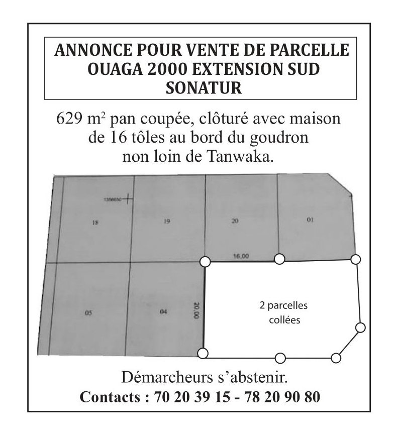 Annonce Vente de parcelle Ouaga 2000 extension sud Sonatur