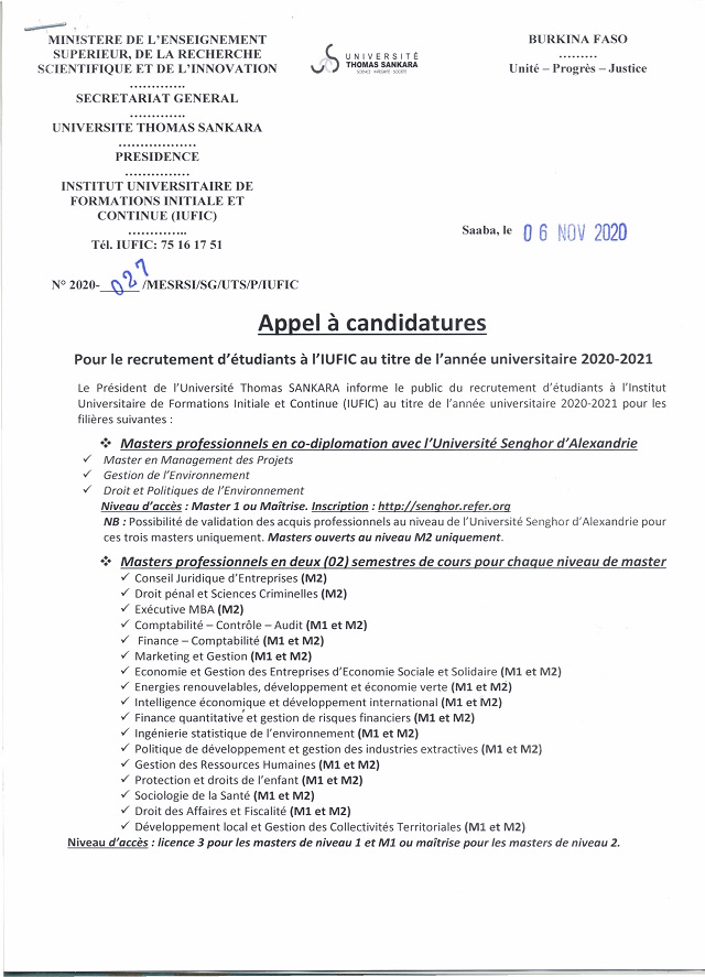 Appel à candidatures pour le recrutement d'étudiants à l'IUFIC au titre ...