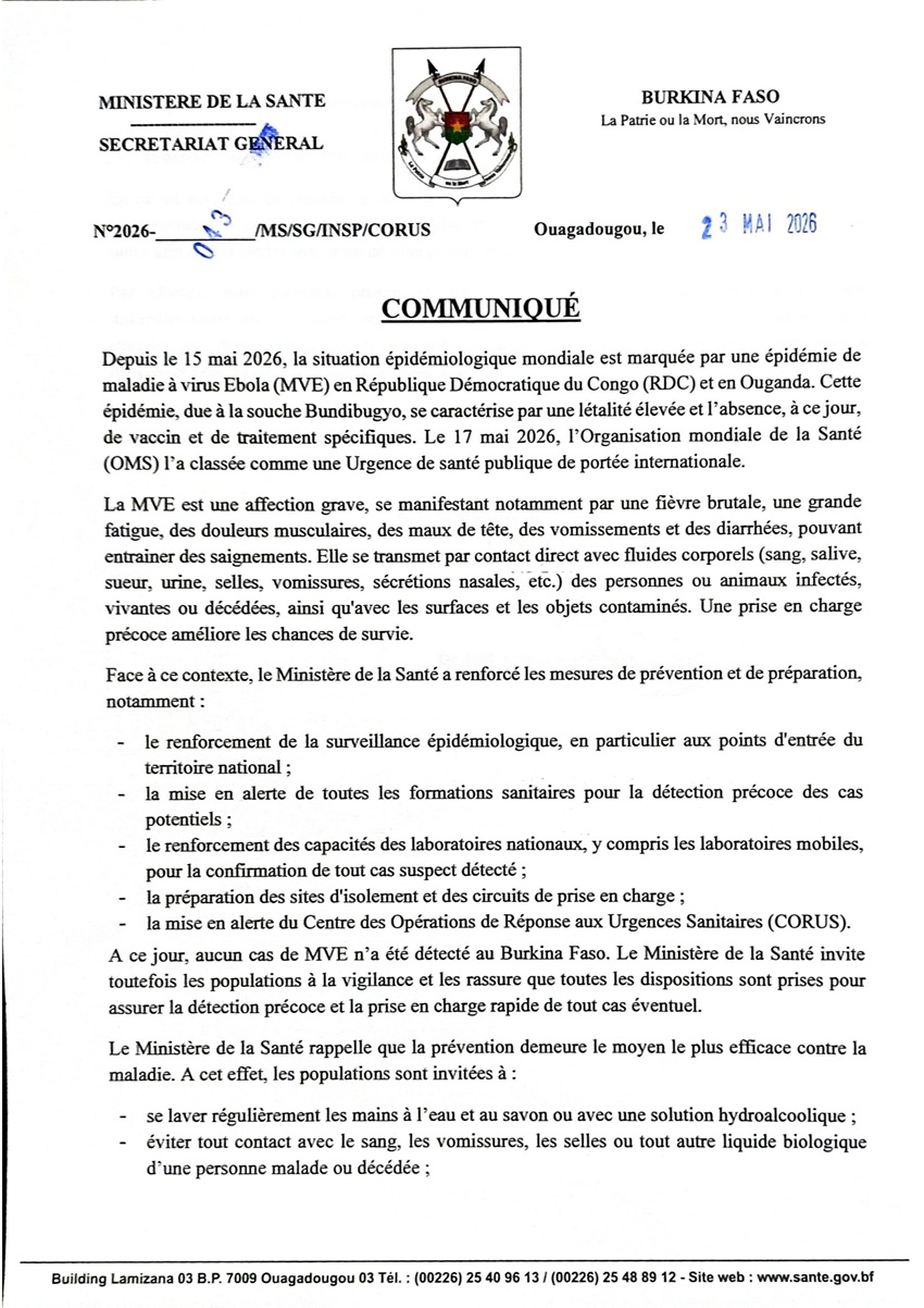 Maladie à virus Ebola : Aucun cas enregistré au Burkina à la date du 23 mai 2026