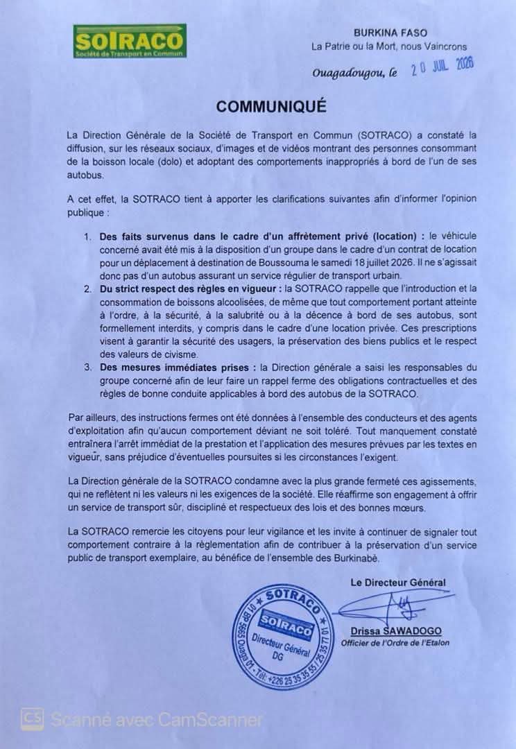 SOTRACO : La direction générale envoie un message de fermeté face aux comportements déviants dans ses bus 8 whatsapp image 2026 07 20 at 15.14 04