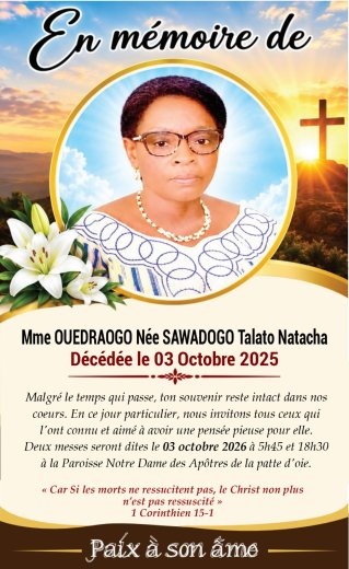In memoriam&nbsp;: Mme&nbsp;Ouédraogo née Sawadogo Talato Natacha