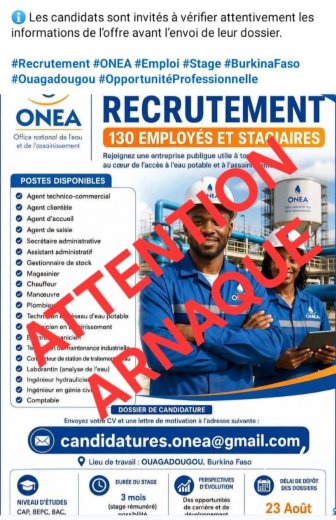 Recrutement à l’ONEA&nbsp;: L’institution met en garde contre les arnaques