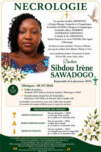 Décès de Sibdou Irène SAWADOGO&nbsp;: Faire part 